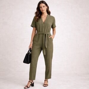 NLT Olive Green Utility Jumpsuit Tie Waist Minimalist Chic M